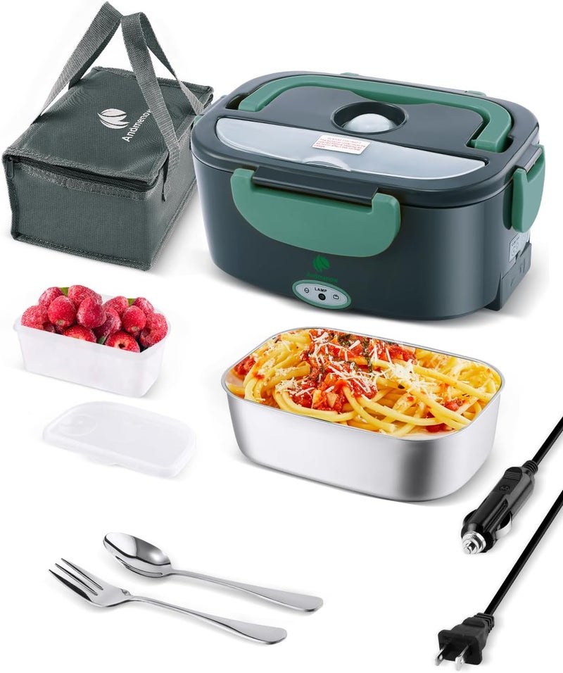 Andmenow Electric Lunch Box for Adults, Electric Lunch Box Food Heater, Portable Food Heater for Travel/Home/Office,12V/24V/110V Heated Lunch Box,Loncheras para Hombres de Trabajo,GreyGreen - Image 1